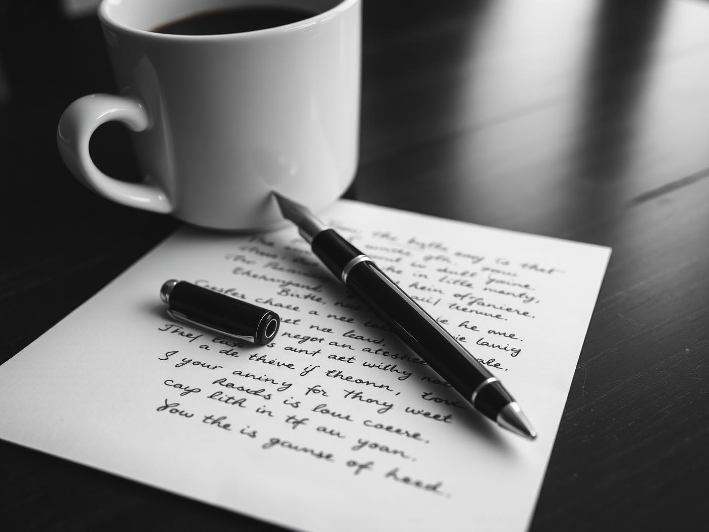 Detalhe de caneta sobre carta manuscrita, café ao lado, preto e branco.