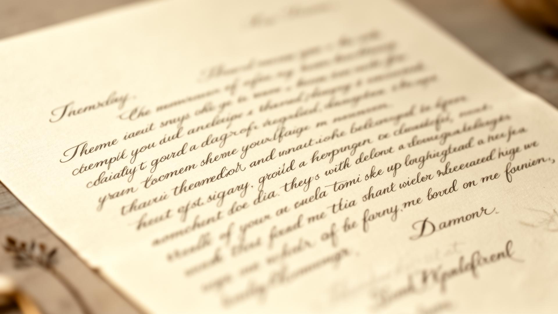Detalhe de caneta sobre carta manuscrita, café ao lado, preto e branco.